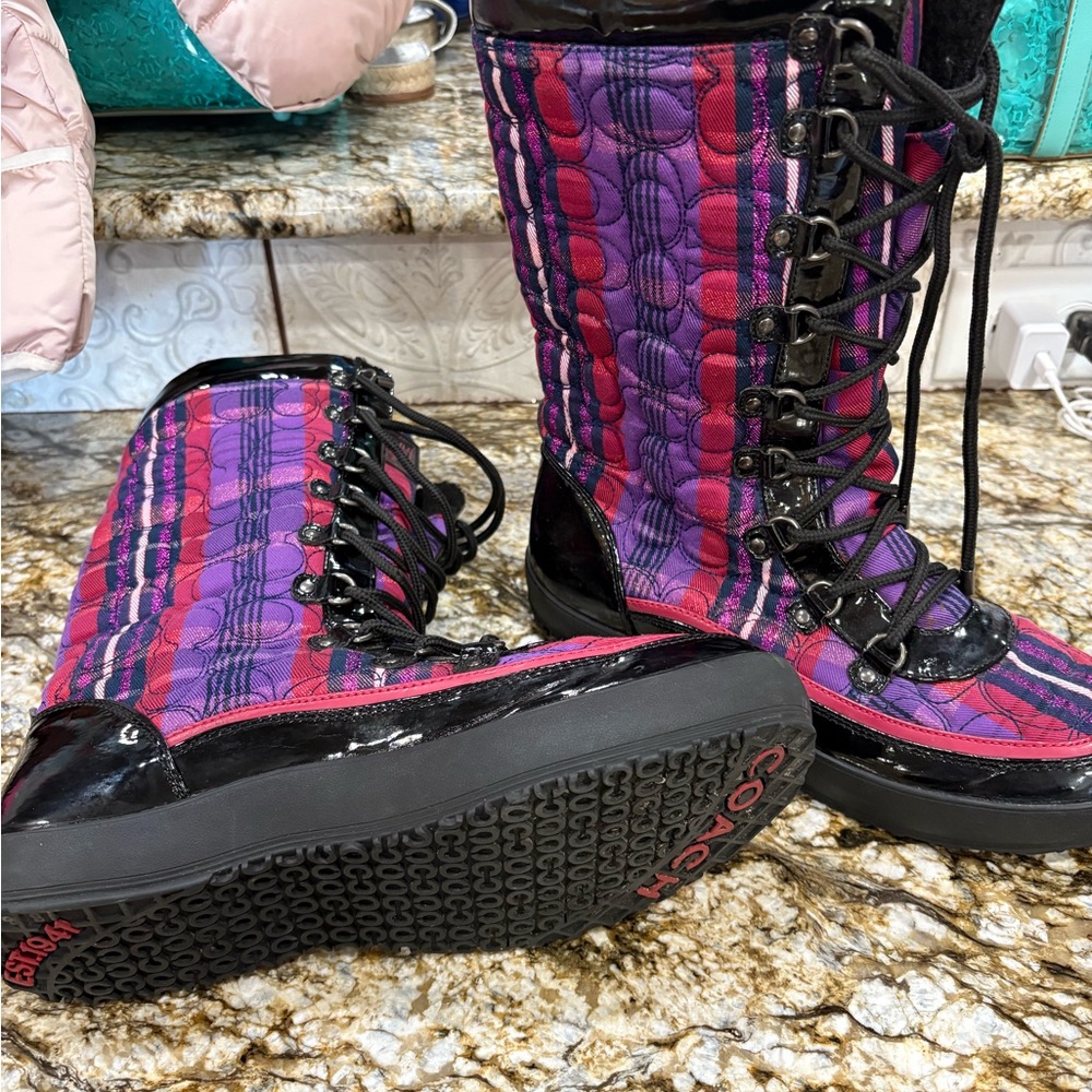 Coach Purple and Pink Quilted Lace-Up Boots